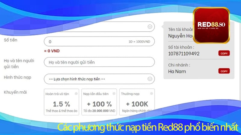 Các phương thức nạp tiền Red88 phổ biến nhất